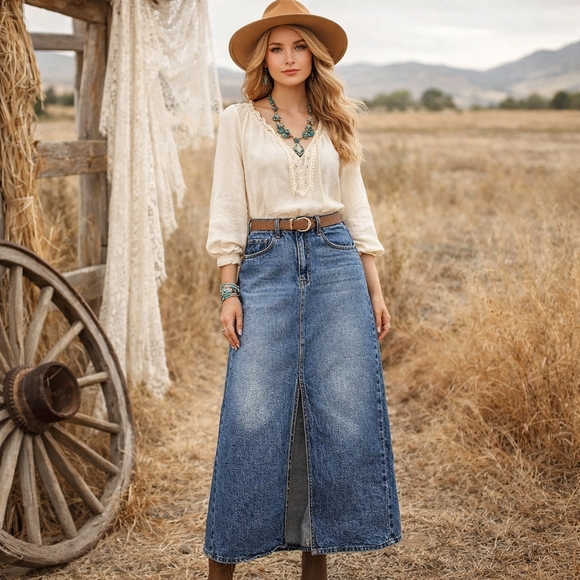 a.n.a Dresses & Skirts - a.n.a. High Rise Denim Maxi Skirt Size 10 Modest Western Boho Prairie Jean Skirt